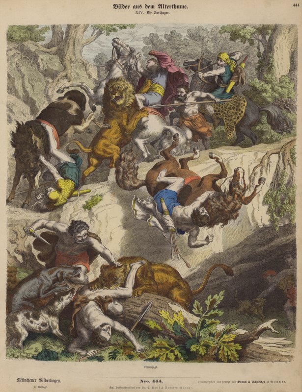 Karthagiska lejonjakt (färgad gravyr) av Heinrich Leutemann
