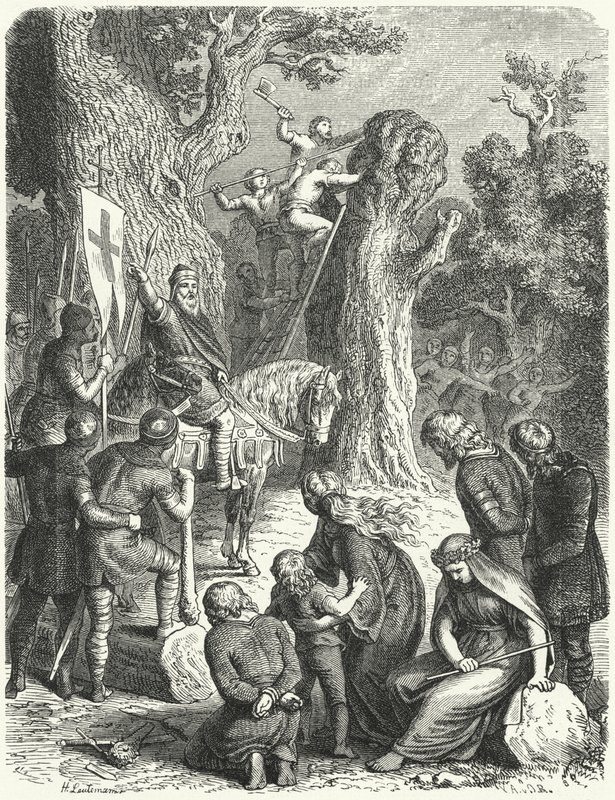 Karl den Store beordrar avverkning av Irmensaule, saxarnas heliga ek, 772 (gravyr) av Heinrich Leutemann