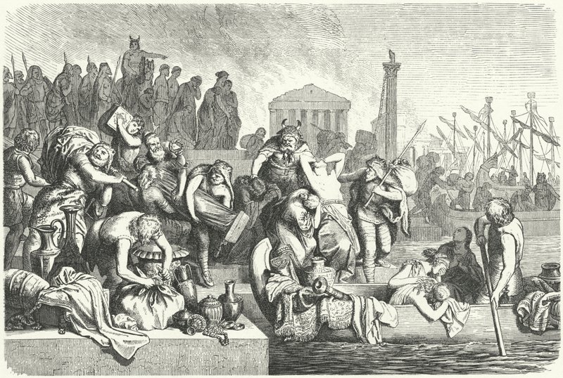 Avgång av en vandalflotta lastad med byte från en plundrad stad (gravyr) av Heinrich Leutemann