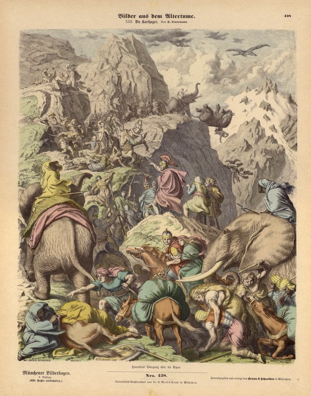Hannibal leder den karthagiska armén över Alperna (färgad gravyr) av Heinrich Leutemann