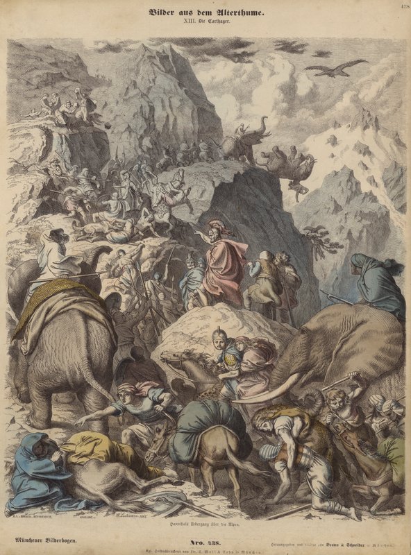 Hannibal leder den karthagiska armén över Alperna (färgad gravyr) av Heinrich Leutemann