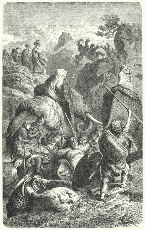 Hannibals korsning av Alperna, 218 f.Kr. (gravyr) av Heinrich Leutemann