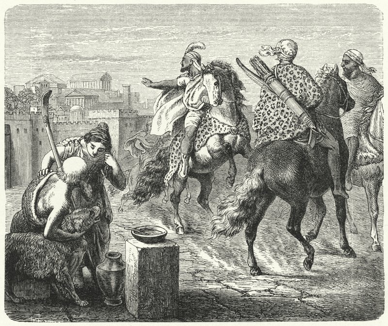 Jugurtha av Numidia lämnar den korrupta staden Rom (gravyr) av Heinrich Leutemann