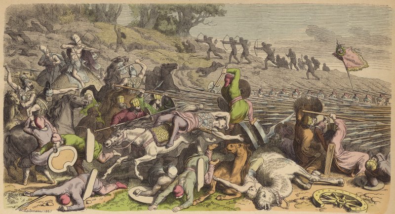 Makedonsk falang i strid med perserna (färgad gravyr) av Heinrich Leutemann