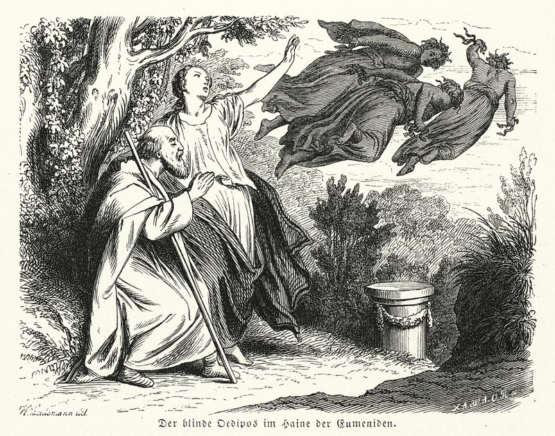 Oidipus och Antigone i Eumenidernas lund (gravyr) av Heinrich Leutemann