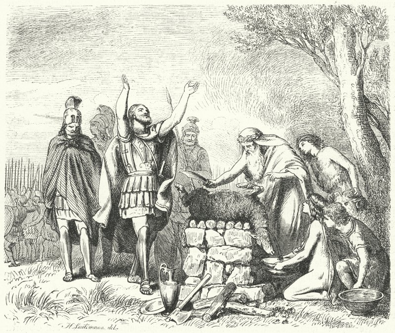 Pausanias gör ett offer till gudarna före slaget vid Plataea, 479 f.Kr. (gravyr) av Heinrich Leutemann