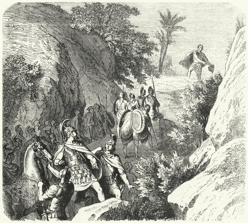 Perseus av Makedonien på marsch genom Thessaliens raviner (gravyr) av Heinrich Leutemann