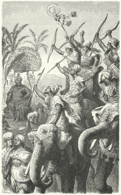 Porus, kung av Pauravas, granskar sina krigselefanter (gravyr) av Heinrich Leutemann
