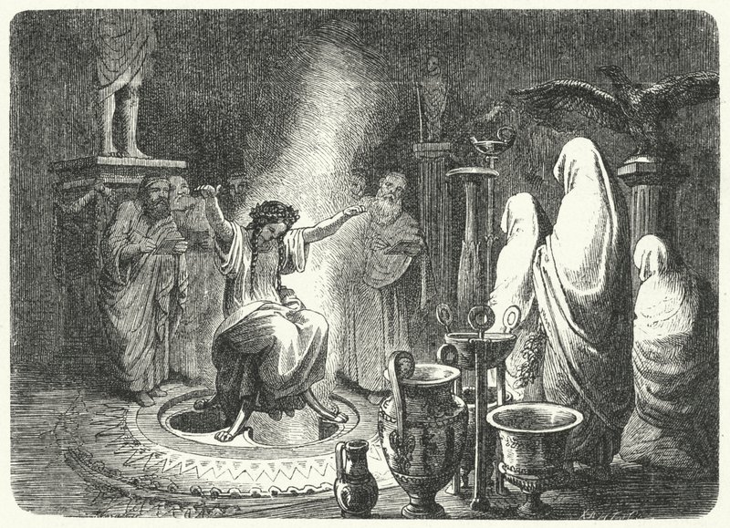 Pythia, översteprästinna i Apollontemplet i Delphi (gravyr) av Heinrich Leutemann