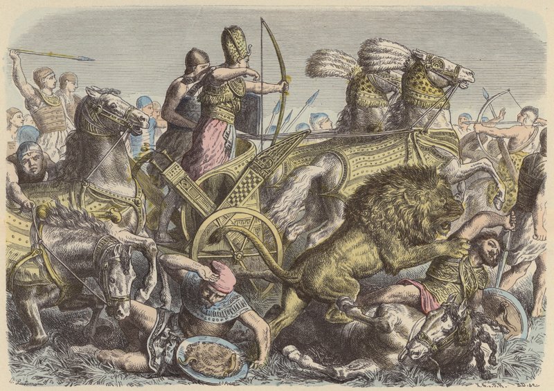 Ramses den store av Egypten på slagfältet (färgad gravyr) av Heinrich Leutemann