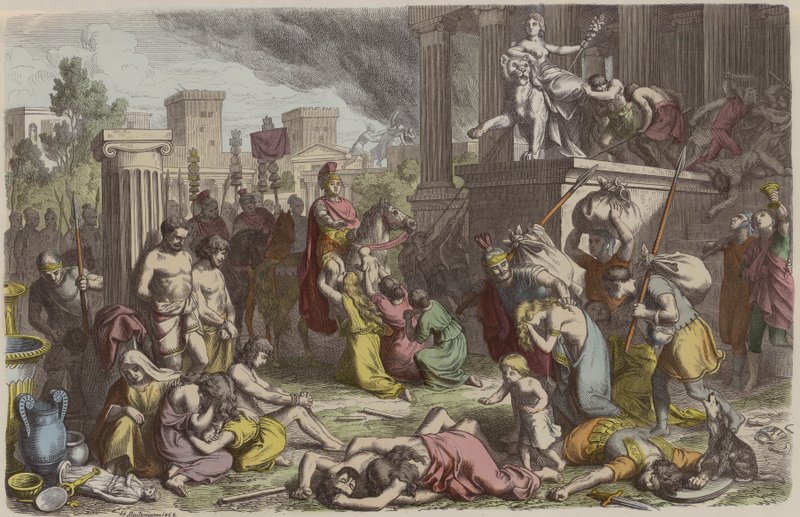 Romerska soldater plundrar en erövrad stad (färgad gravyr) av Heinrich Leutemann