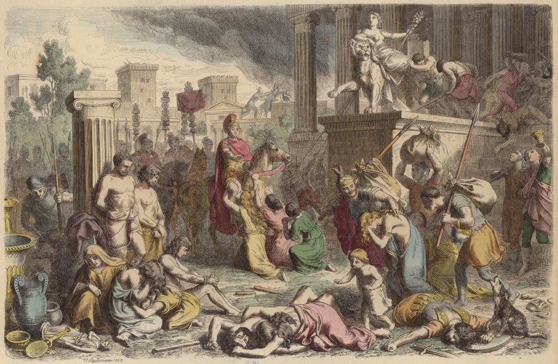 Romerska soldater plundrar en erövrad stad (färgad gravyr) av Heinrich Leutemann