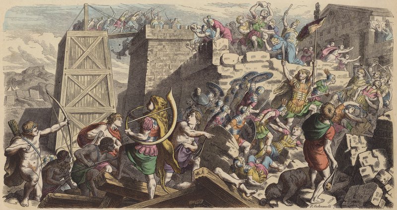 Romerska soldater stormar en stad (färgad gravyr) av Heinrich Leutemann