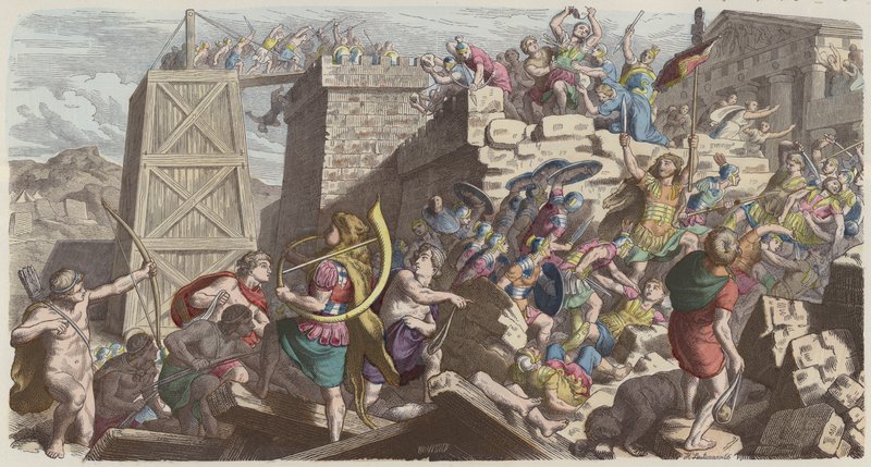 Romerska soldater stormar en stad (färgad gravyr) av Heinrich Leutemann