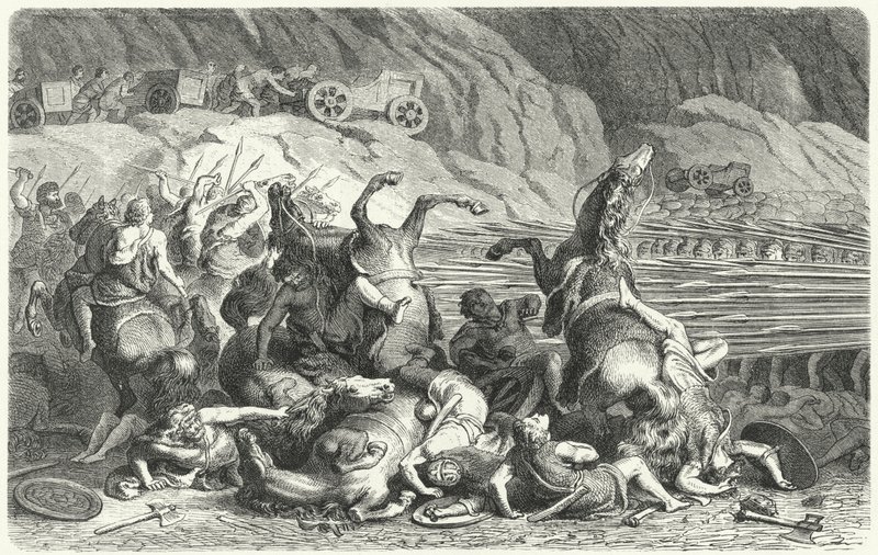 Romare utplacerade i falangformation mot thrakiskt kavalleri (gravyr) av Heinrich Leutemann