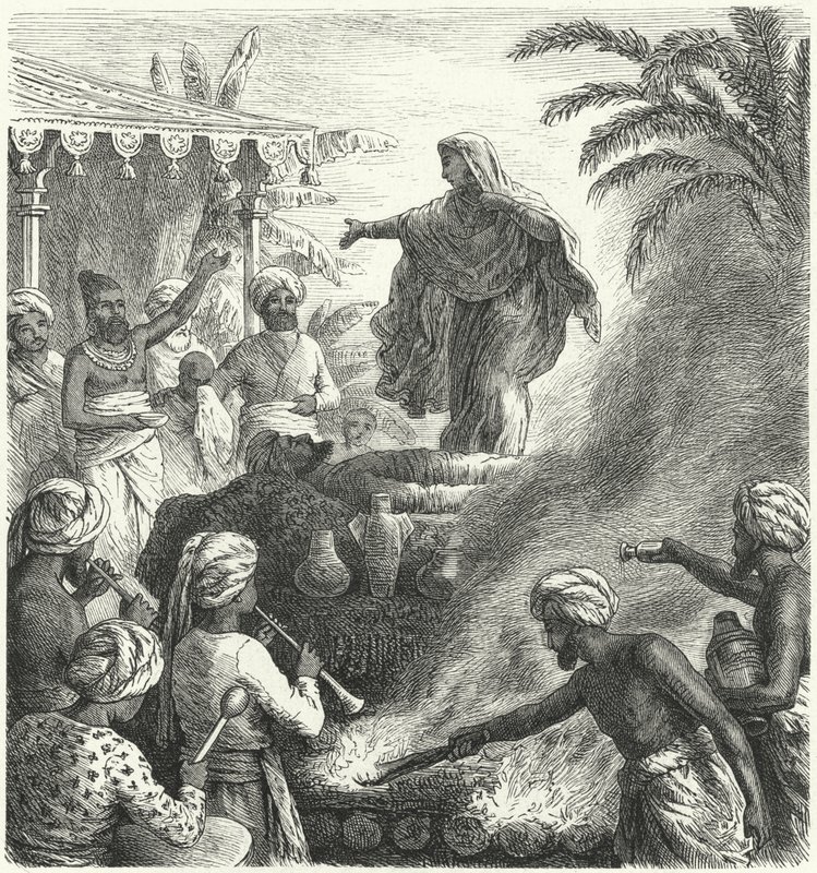 Suttee, hinduisk begravningssed (gravyr) av Heinrich Leutemann