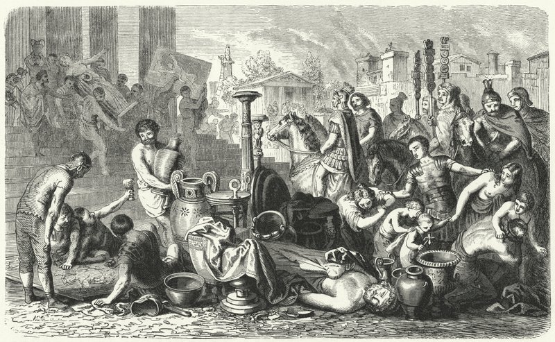 Romarna bär av Greklands konstskatter (gravyr) av Heinrich Leutemann