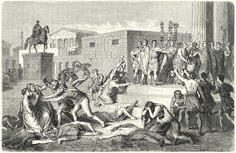 Triumviratet av Mark Antony, Marcus Aemilius Lepidus och Octavianus proklamerar förbud mot sina politiska fiender, 43 f.Kr. av Heinrich Leutemann