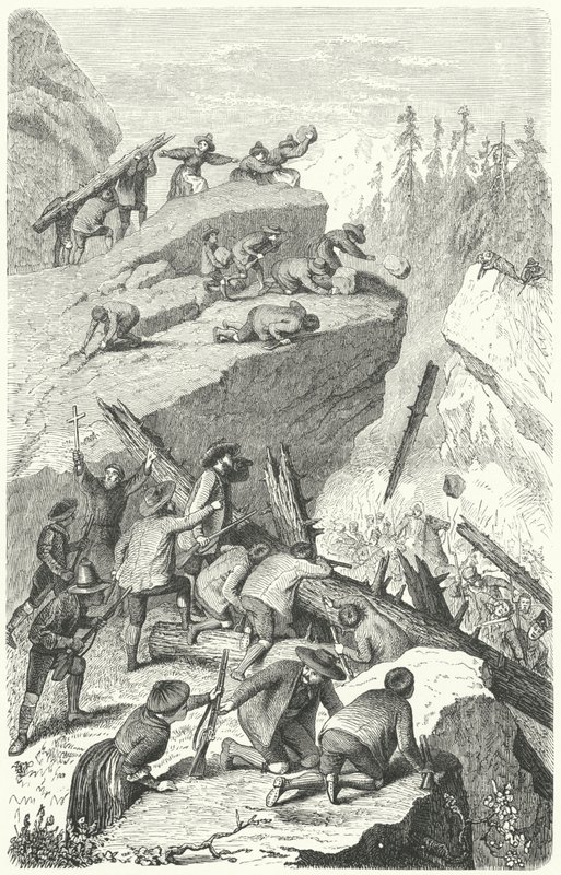 Tyrolska rebeller som bekämpar den franska armén i slaget vid Sachsenklemme av Heinrich Leutemann