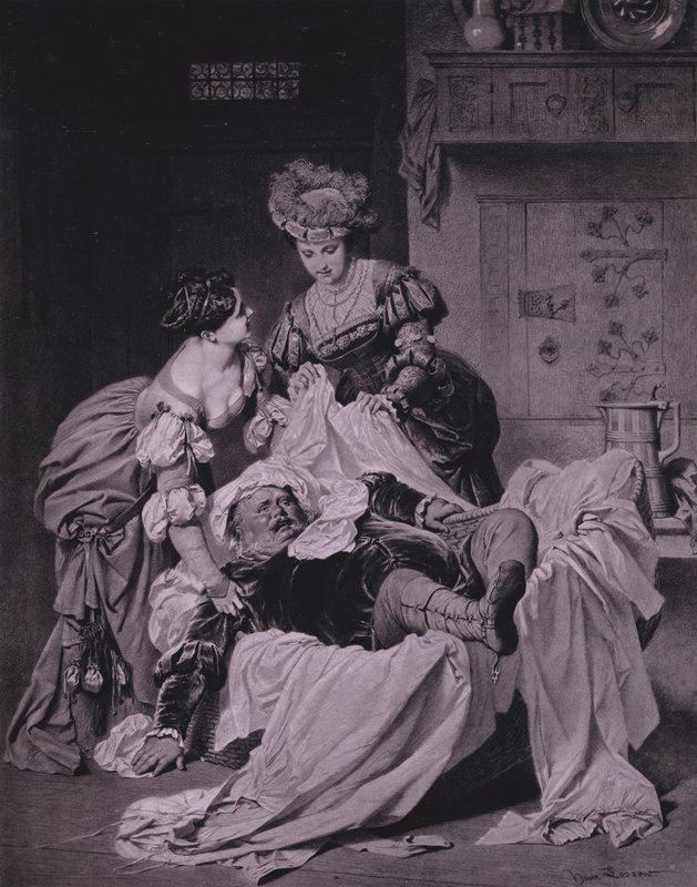 Scen från Shakespeares The Merry Wives of Windsor (akt III, scen 3) (litho) av Heinrich Lossow