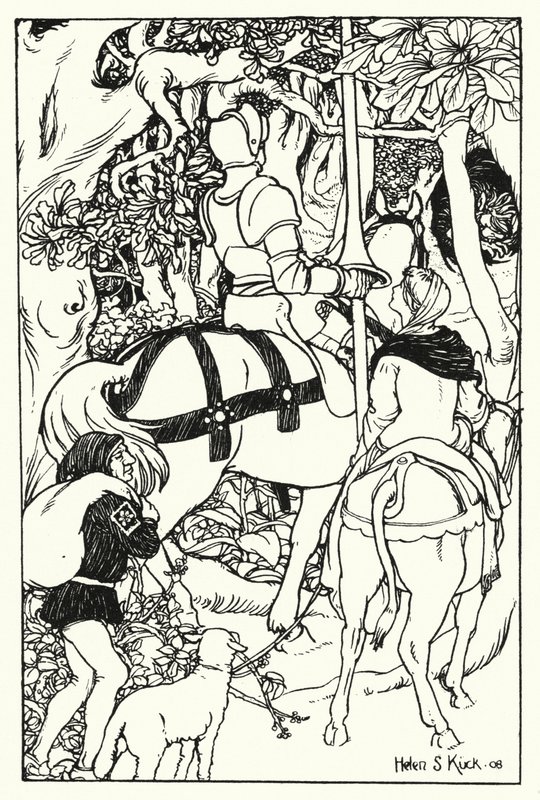 Röda korset och frun Una i skogen (gravyr) av Helen S. Kuck
