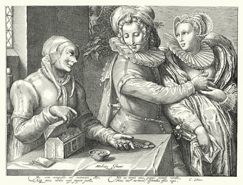 En ung man som väljer kärlek till skönhet snarare än rikedom (gravyr) av Hendrik (after) Goltzius