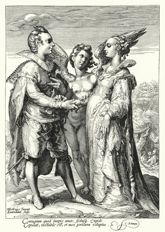 Äktenskap för kärlek förrättas av Amor (gravyr) av Hendrik (after) Goltzius