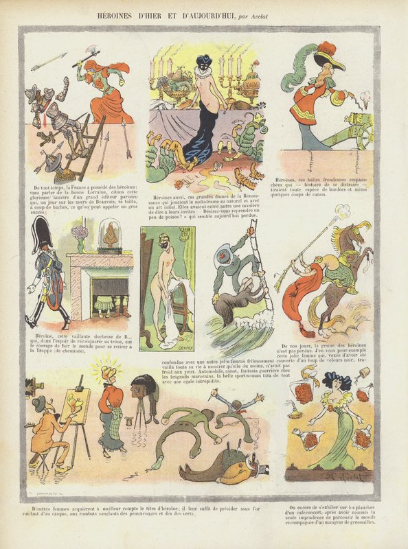 Hjältinnor från förr och nu. Illustration för Le Rire av Henri Avelot