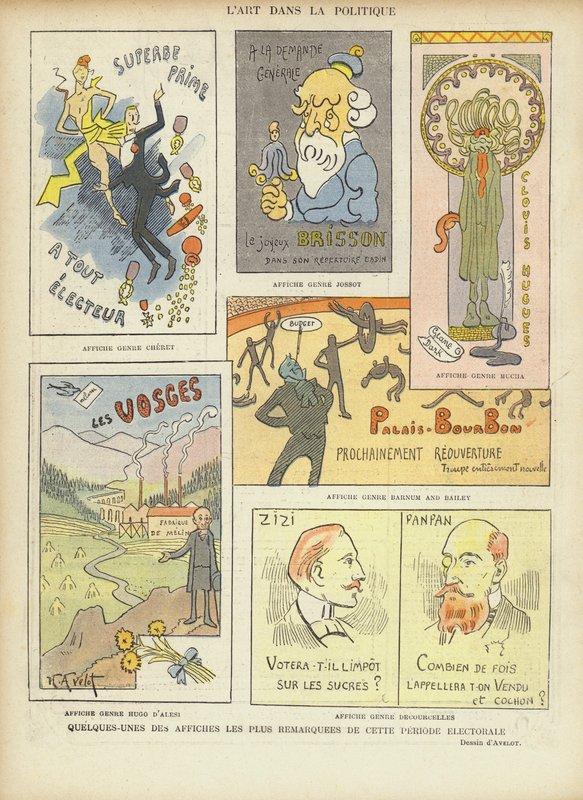 Föreställt franska valaffischer, illustration för Le Rire av Henri Avelot