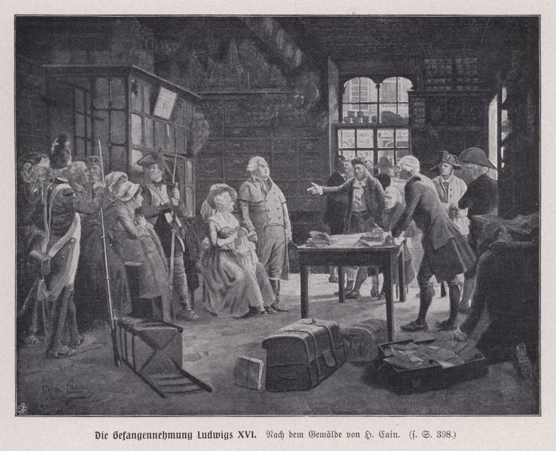 Gripande av kung Ludvig XVI av Frankrike och hans familj i Varennes medan de försökte fly efter den franska revolutionen av Henri Cain