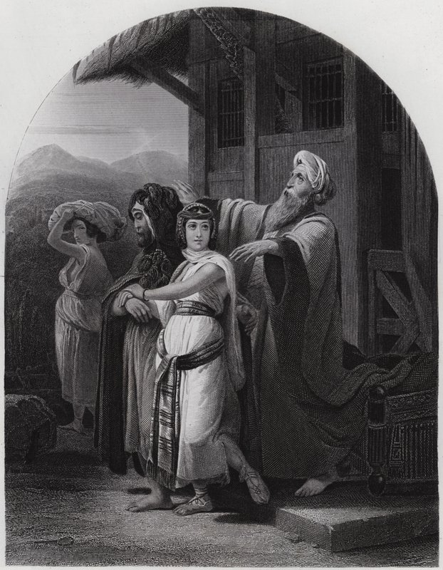 Rebeckas avgång (gravyr) av Henri Frederic (after) Schopin