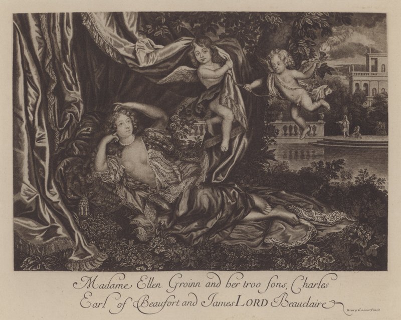 Nell Gwyn och hennes två söner, Charles, Earl of Burford, och James, Lord Beauclerk (gravyr) av Henri Gascar