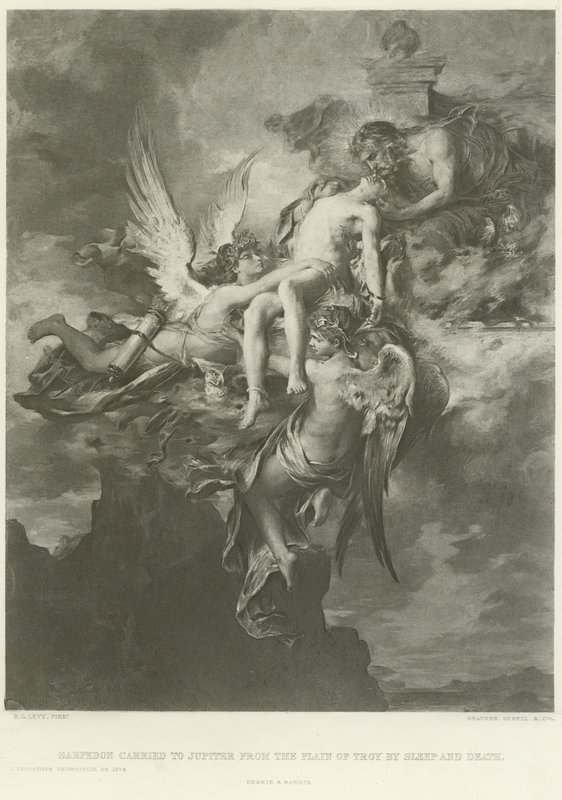 Sarpedon bärs till Jupiter från Trojaslätten med sömn och död (gravyr) av Henri Leopold Levy