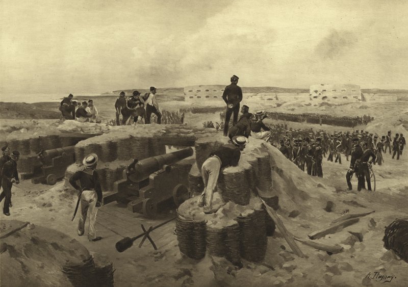 Slaget vid Bomarsund, 1854 (gravyr) av Henri Louis Dupray