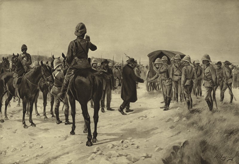 Piet Cronjes kapitulation vid Paardeberg, 1900 (gravyr) av Henri Louis Dupray