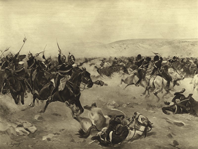 Den tunga brigadens anfall, slaget vid Balaclava, 1854 (gravyr) av Henri Louis Dupray
