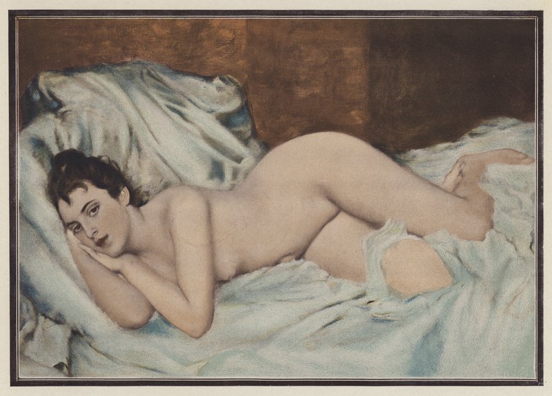 Naken kvinna på en säng (färg litho) av Henri Lucien (after) Doucet