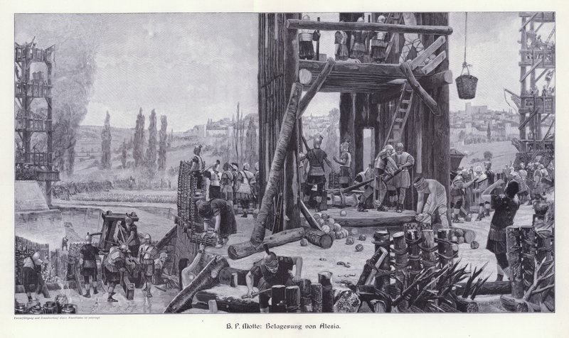 Siege of Alesia, Gallien, 52 f.Kr., Illustration från modern konst i mästarträsnitt (Richard Bong, Berlin, ca 1904 (gravyr) av Henri Paul (after) Motte