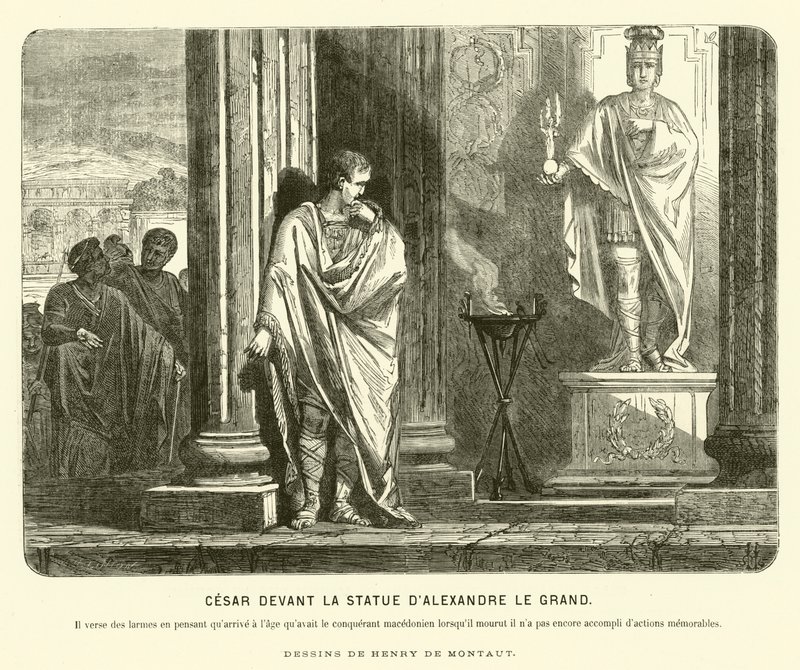 Julius Caesar framför en staty av Alexander den store i Spanien, och beklagade omfattningen av hans prestationer jämfört med att Alexander hade nått samma ålder som hans död, c67 f.Kr. (gravyr) av Henri de (after) Montaut