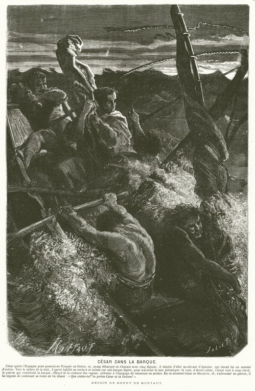 Julius Caesar, förklädd till slav, avslöjar sin identitet för besättningen på en båt som hamnat i en storm när han korsade Adriatiska havet, 48 f.Kr. (gravyr) av Henri de (after) Montaut
