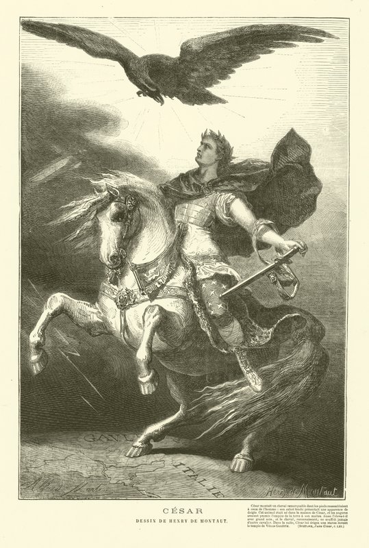 Julius Caesar till häst med en kejserlig örn ovanför sig (gravyr) av Henri de (after) Montaut