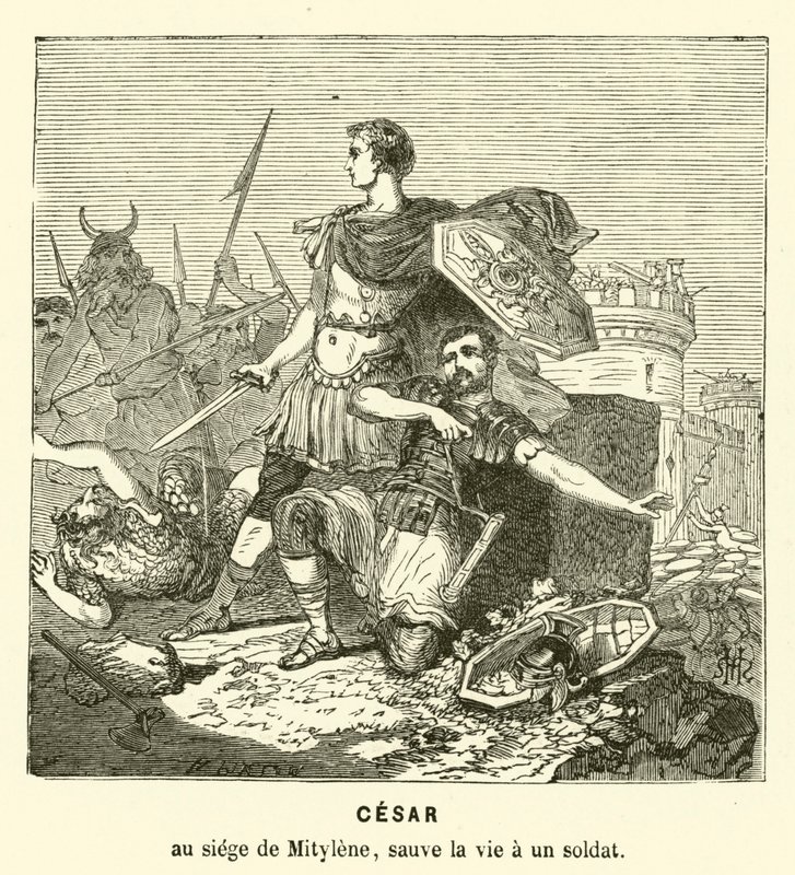 Julius Caesar räddade livet på en soldat vid belägringen av Mytilene, Lesbos, Grekland, 81 f.Kr. (gravyr) av Henri de (after) Montaut
