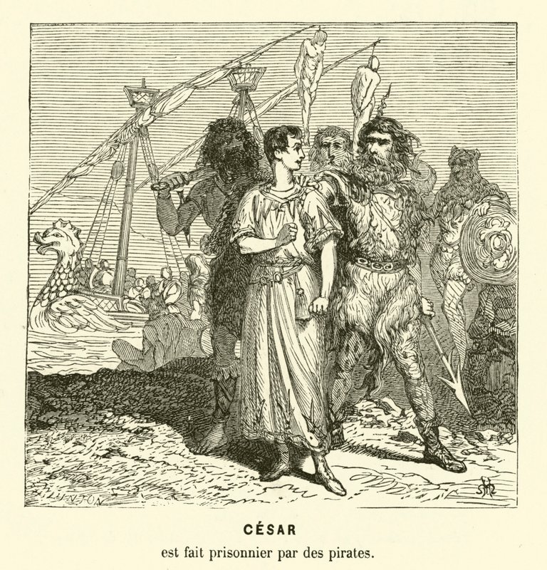Julius Caesar tillfångatagen av kiliciska pirater när han korsade Egeiska havet, c75 f.Kr. (gravyr) av Henri de (after) Montaut