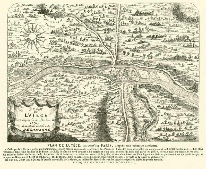 Plan över den romerska staden Lutetia, platsen för det moderna Paris (gravyr) av Henri de (after) Montaut