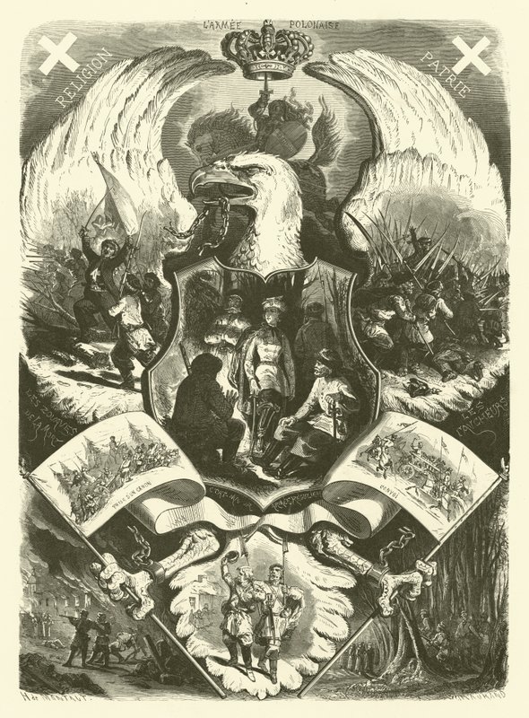 Soldater och uniformer från den polska armén under upproret 1863-1864 mot ryskt styre (gravyr) av Henri de (after) Montaut