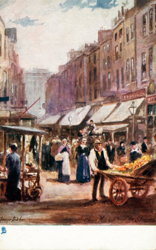 Gamla London: Clare Market, nära Strand (färglitografi) av Henrie Pitcher