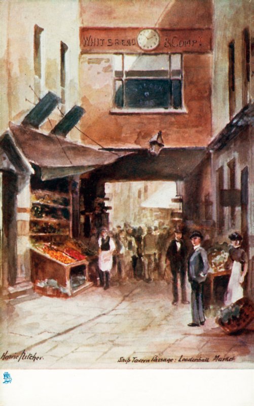 Gamla London: Ship Tavern Passage, Leadenhall Market (färglitografi) av Henrie Pitcher