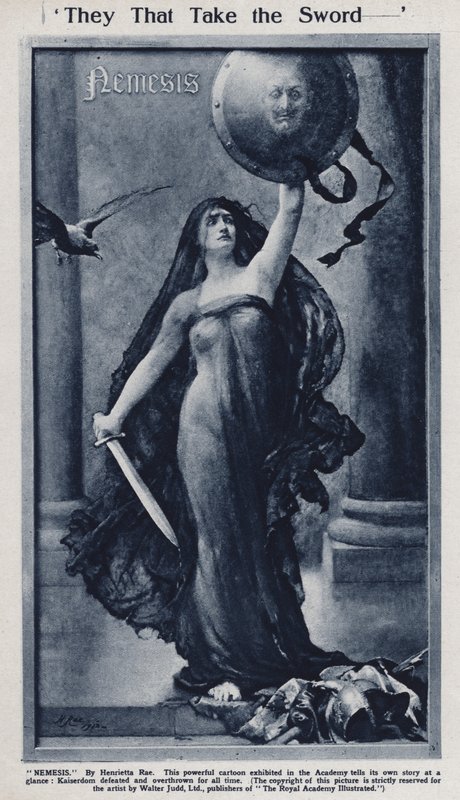 Nemesis, tecknad film om Kaiser Wilhelm II:s och Tysklands nederlag i första världskriget utställd i Royal Academy (litho) av Henrietta (after) Rae