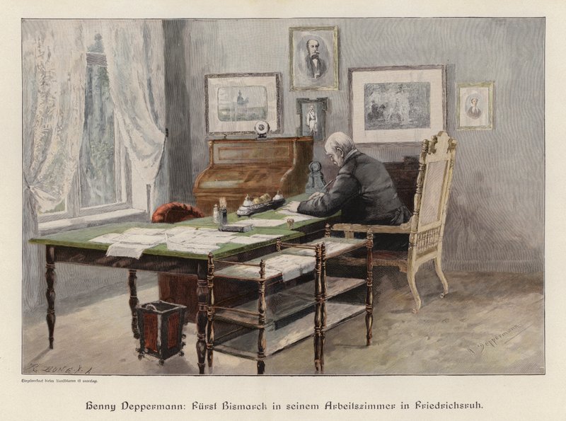 Otto von Bismarck i hans arbetsrum i Friedrichsruh, Tyskland (färgad gravyr) av Henriette Deppermann