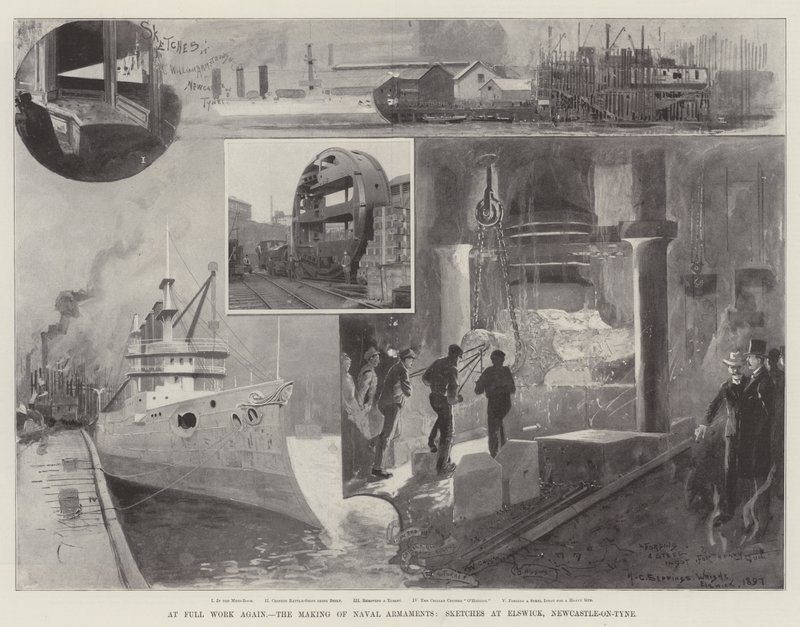 I full arbete igen, tillverkning av sjöbeväpning, skisser i Elswick, Newcastle-on-Tyne av Henry Charles Seppings Wright